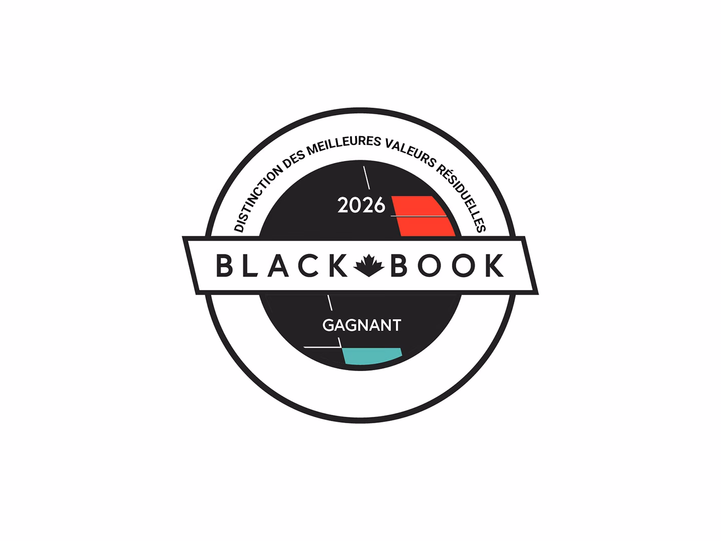 Un logo circulaire de Canadian Black Book comportant un texte soulignant le gagnant d’un prix de la meilleure valeur résiduelle.