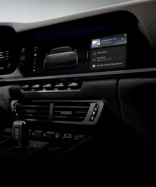 Interior of the Porsche 911 Carrera GTS. View of the infotainment system – called the Porsche Communication Management System (PCM).