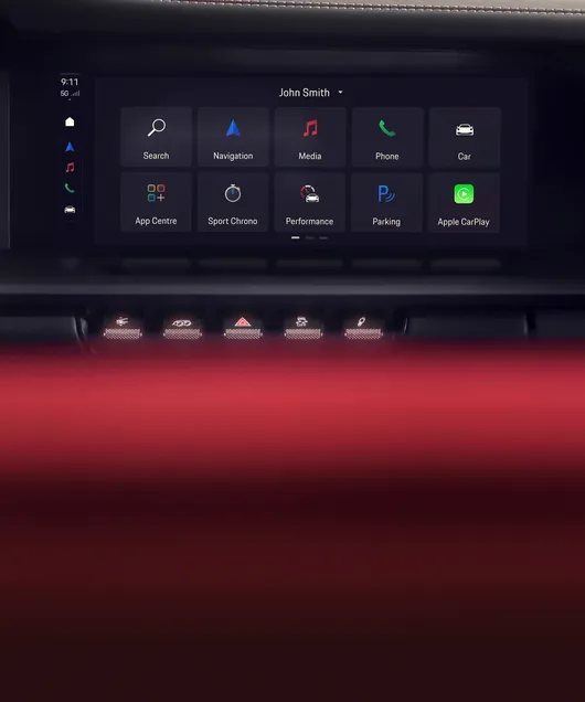 Interior of the Porsche 911 Carrera GTS Cabriolet. View of the infotainment system – called the Porsche Communication Management System (PCM).