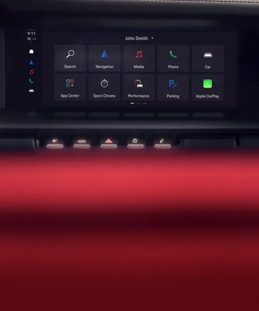 Interior of the Porsche 911 Carrera GTS Cabriolet. View of the infotainment system – called the Porsche Communication Management System (PCM).