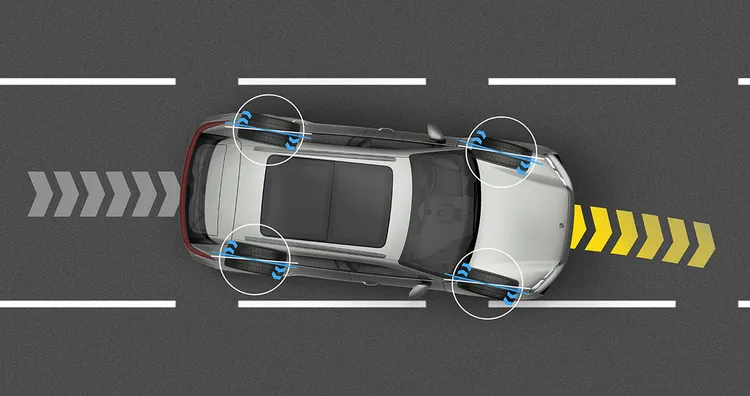 Technical graphic showing the effect of rear axle steering when driving.