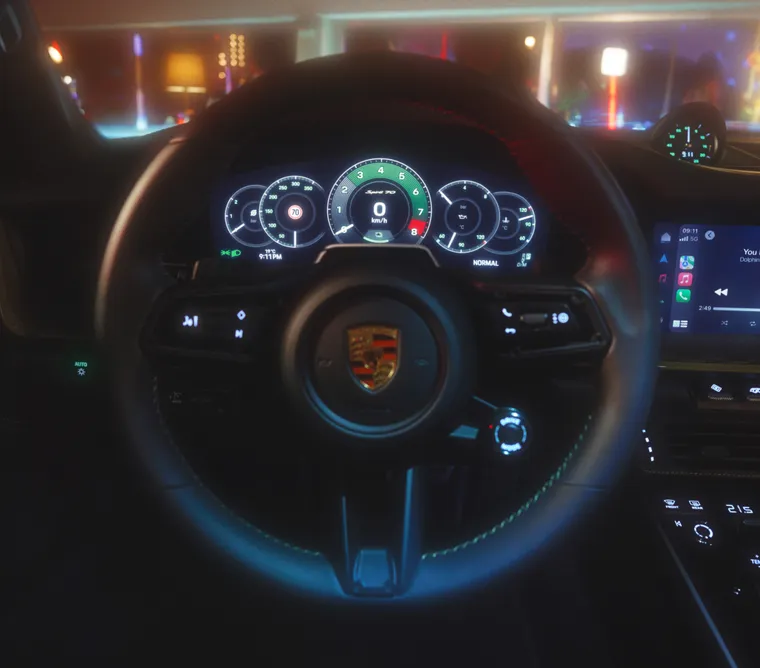 Szczegółowy widok kierownicy i podświetlanego zestawu wskaźników w Porsche 911 Spirit 70.