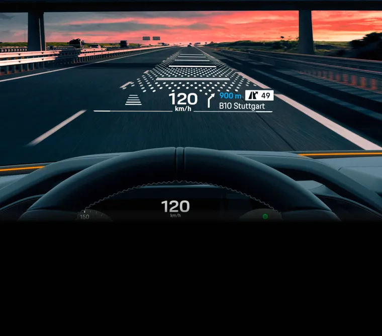 View of the Head-up Display of a Porsche Cayenne Turbo while driving.