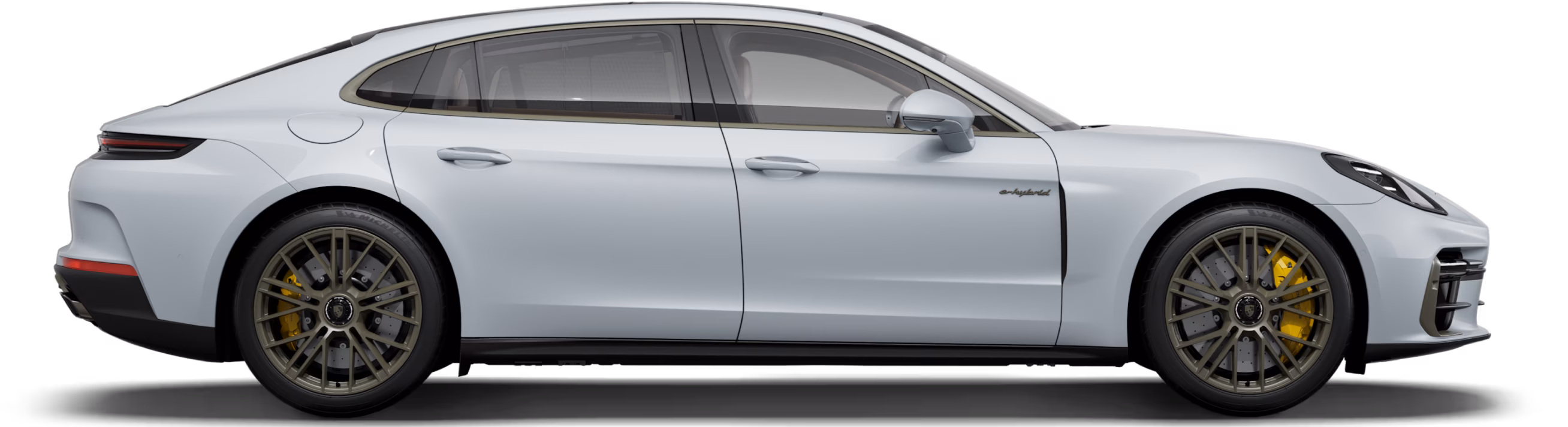 Side view/profile of the Porsche Panamera Turbo S E-Hybrid Executive in Ice Grey Metallic.