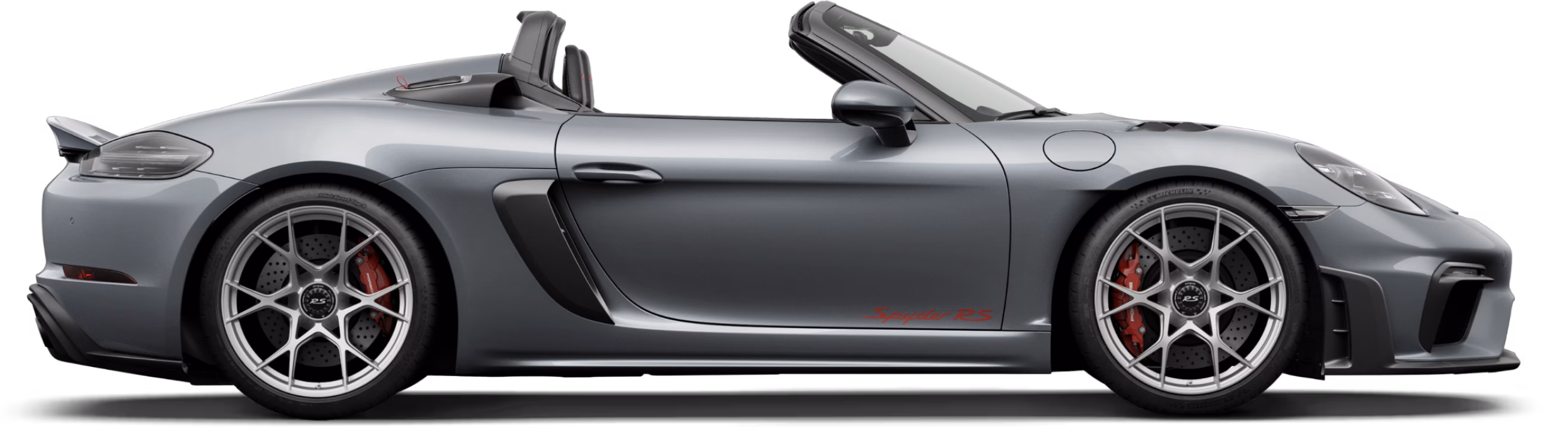 Vista laterale / profilo di una Porsche 718 Spyder RS in grigio Vanadio metallizzato.