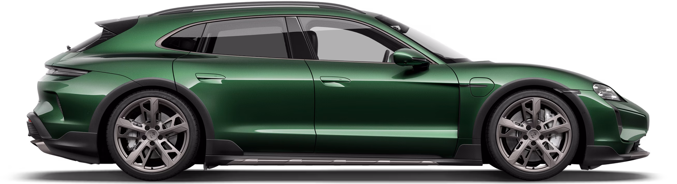 Le Porsche Taycan Turbo Cross Turismo en Oak Green Metallic Neo vu de profil/côté.