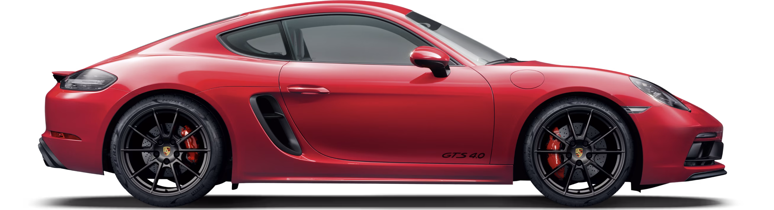 Vue latérale/de profil d’un Porsche 718 Cayman GTS 4.0 en Rouge Carmin.