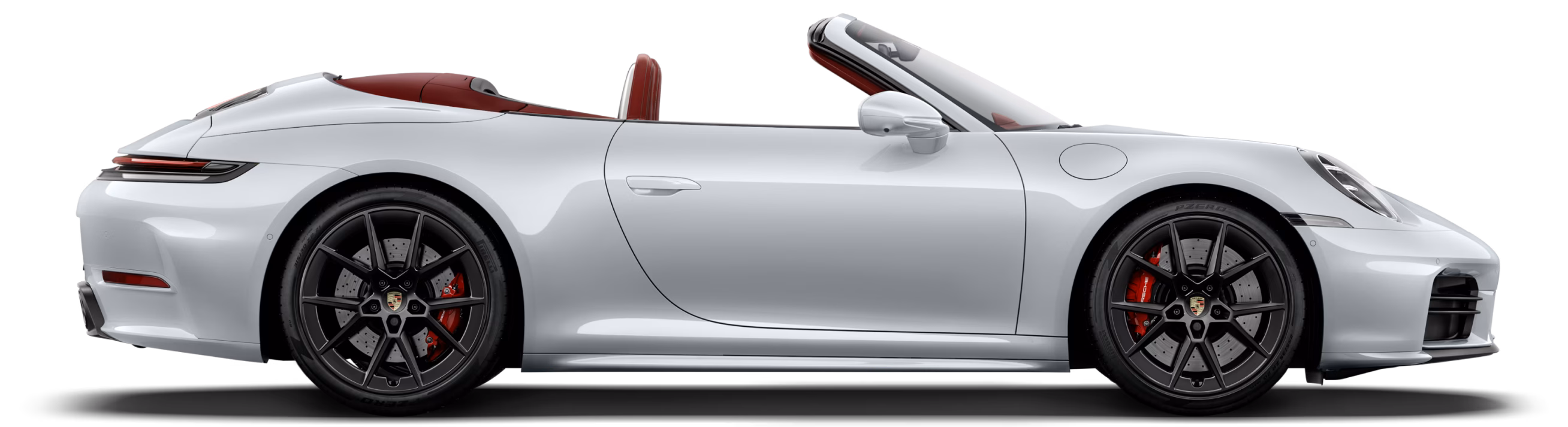 Porsche 911 Carrera S Cabriolet in Ice Grey Metallic in profile/side view.