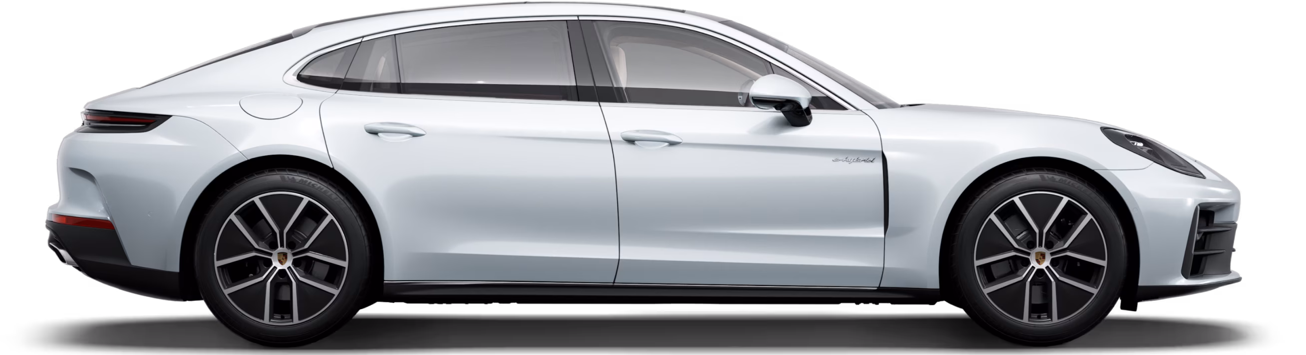 Side view/profile of the Porsche Panamera 4 E-Hybrid Executive in Carrara White Metallic.