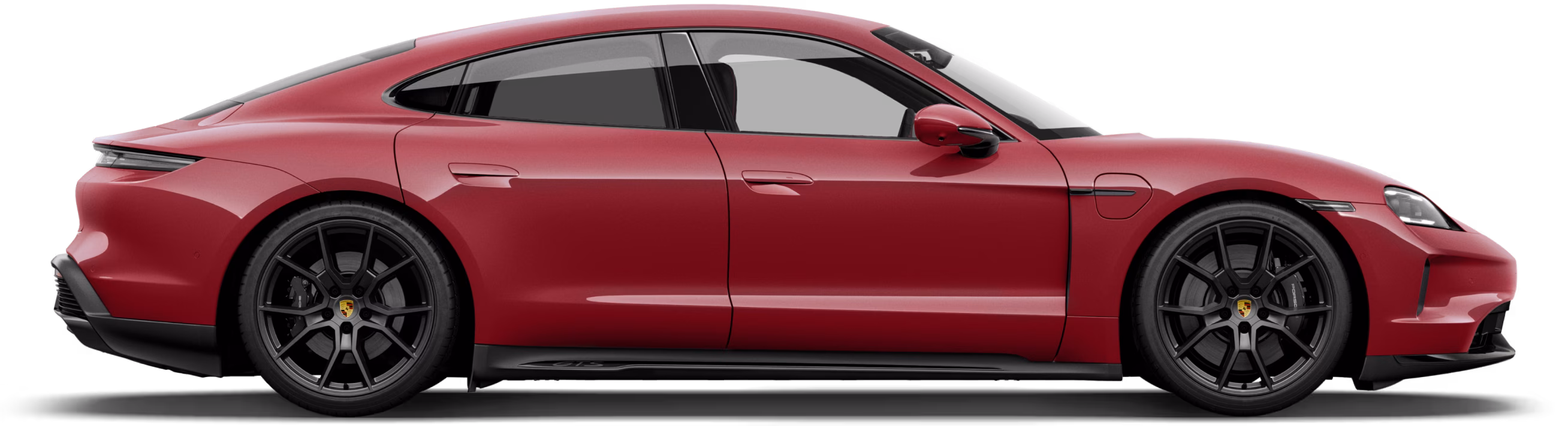 Porsche Taycan GTS in Karminrot in Seitenansicht / im Profil.
