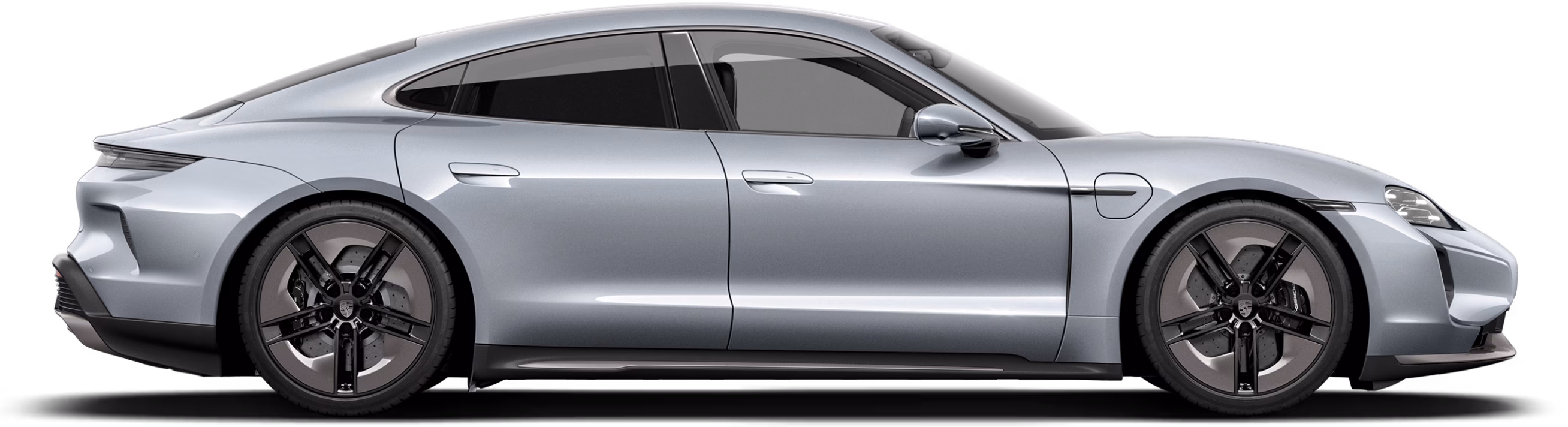 Porsche Taycan Turbo S in Grigio ghiaccio metallizzato di profilo/vista laterale.