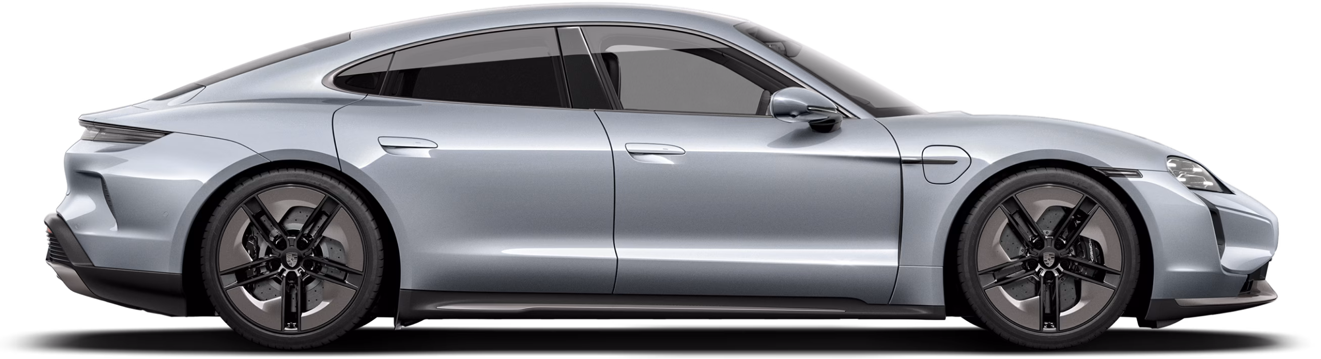 Porsche Taycan Turbo S in Ice Grey Metallic in profile / side view.