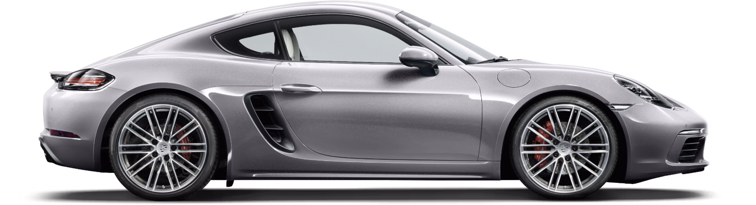 Vista lateral/de perfil del Porsche 718 Cayman S en color Plata GT Metalizado.