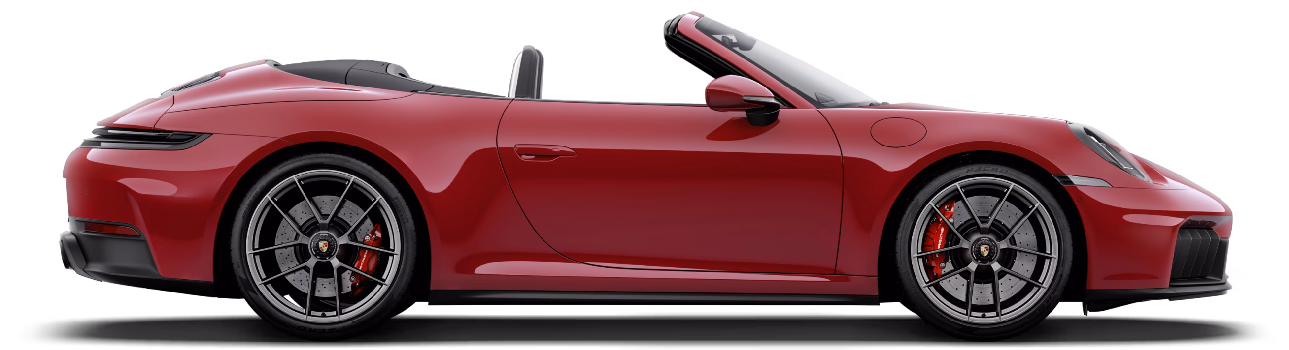 Porsche 911 Carrera 4 GTS Cabriolet in Carmine Red with roof in Black in profile/side view.