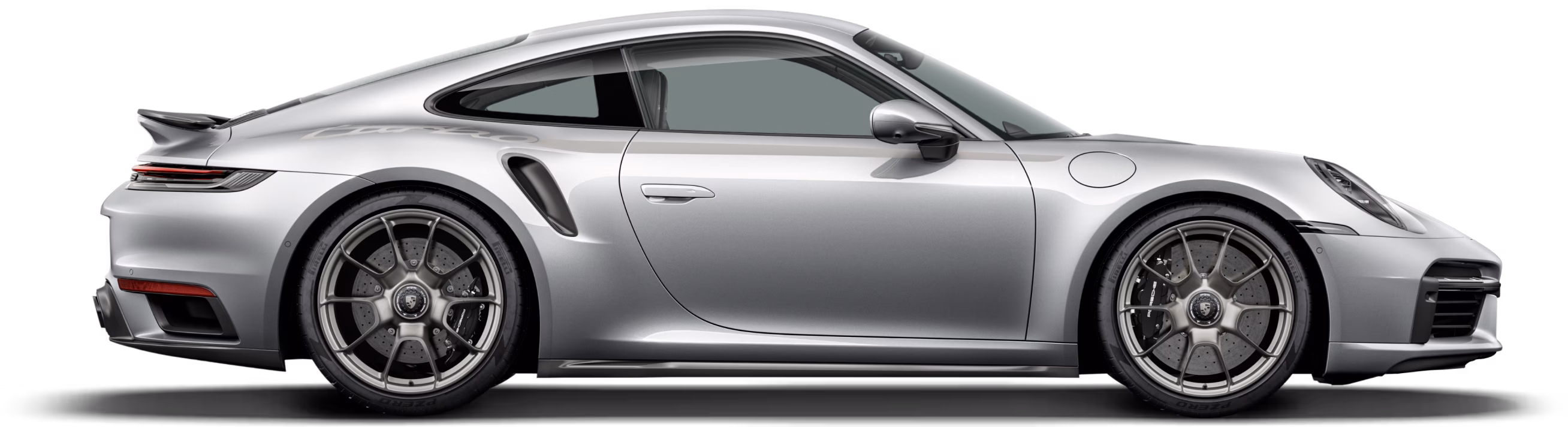 Porsche 911 Turbo 50 years in GT Silver Metallic in profile / side view.