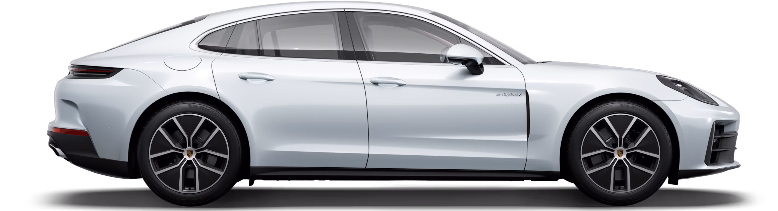 Side view/profile of the Porsche Panamera 4 E-Hybrid in Carrara White Metallic.