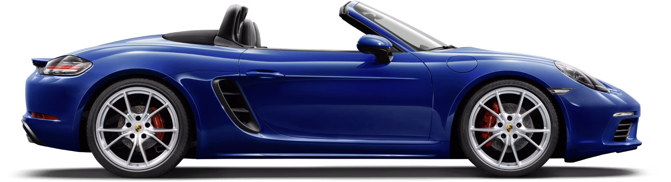 Vista lateral/de perfil del Porsche 718 Boxster S en color Azul Gentian Metalizado.