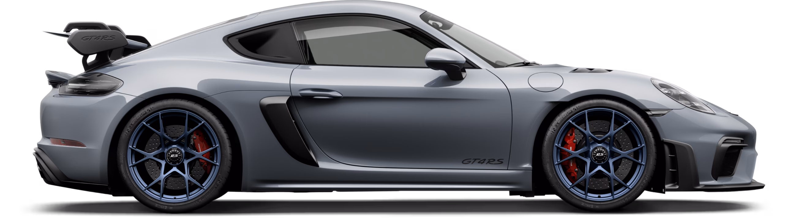 冰極灰色保時捷 718 Cayman GT4 RS 側視圖/輪廓圖