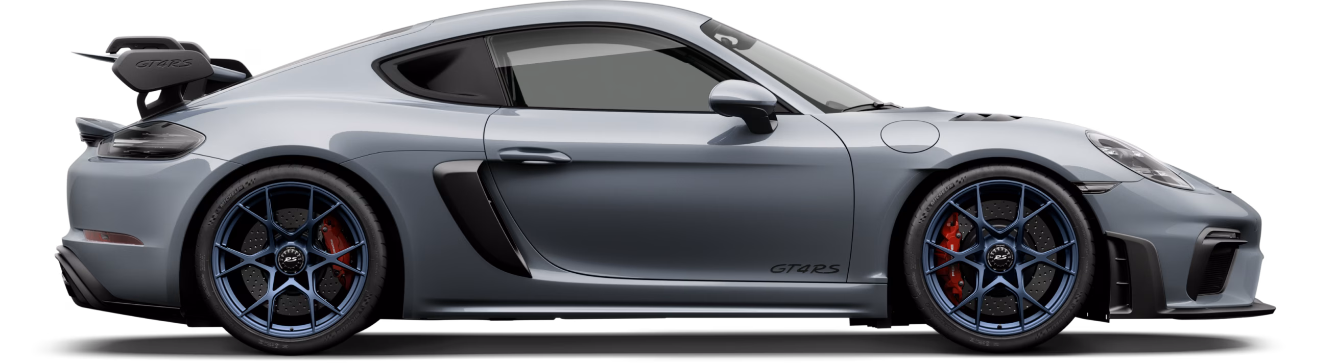 Porsche 718 Cayman GT4 RS in Arktikgrau in Seitenansicht / im Profil.