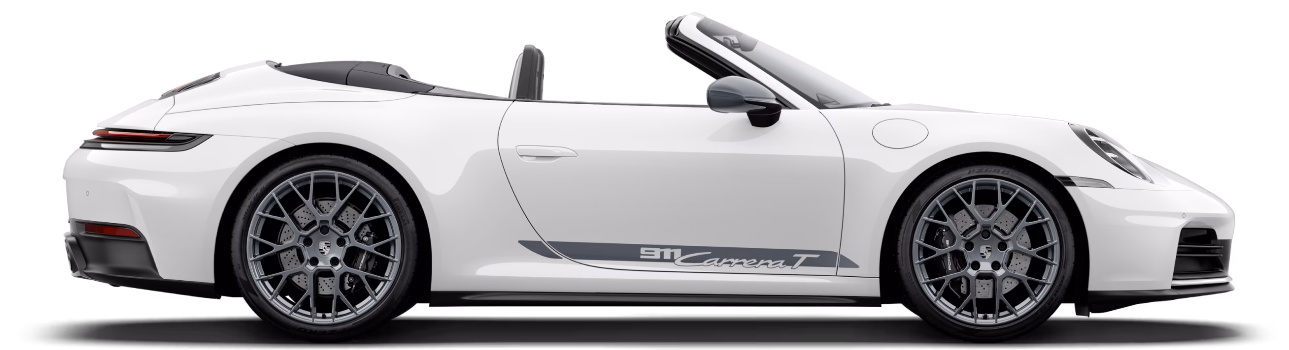 Porsche 911 Carrera T Cabriolet in White, profile / side view.