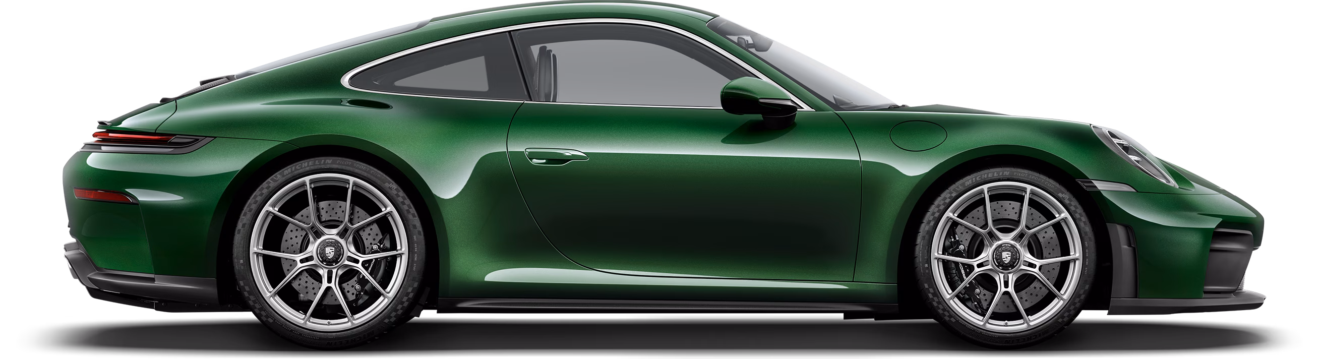 Profile/side view of the Porsche 911 GT3 with Touring package in Oak Green Metallic Neo.