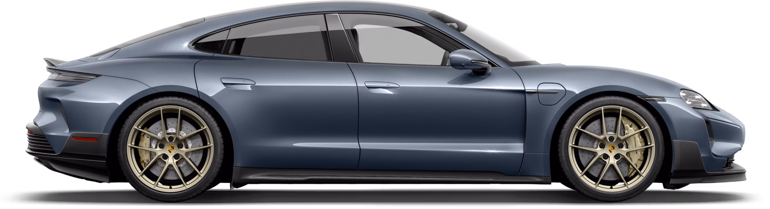 Side profile of a metallic blue-gray electric sports sedan with gold alloy wheels and tinted windows.