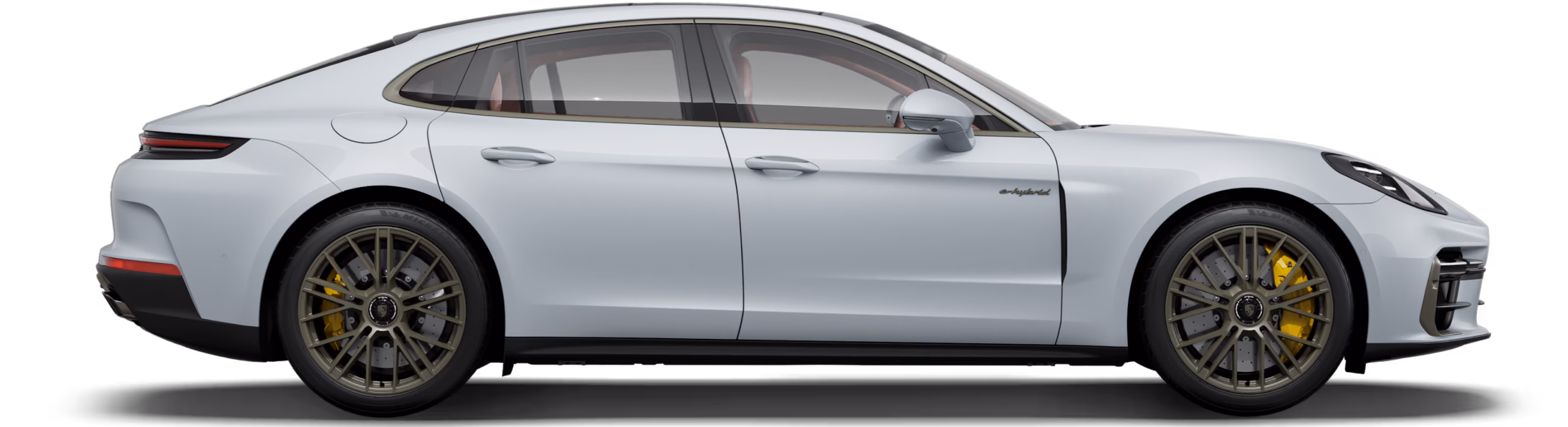 Side view/profile of the Porsche Panamera Turbo S E-Hybrid in Ice Grey Metallic.