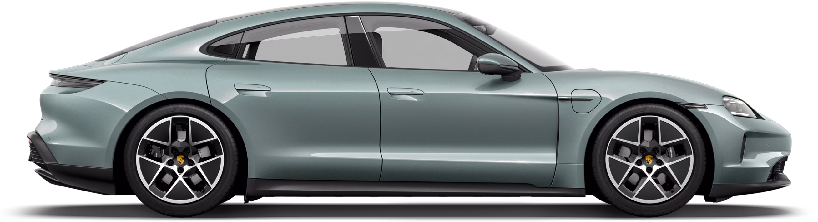 Porsche Taycan in Shadegreenmetallic im Profil / Seitenansicht.