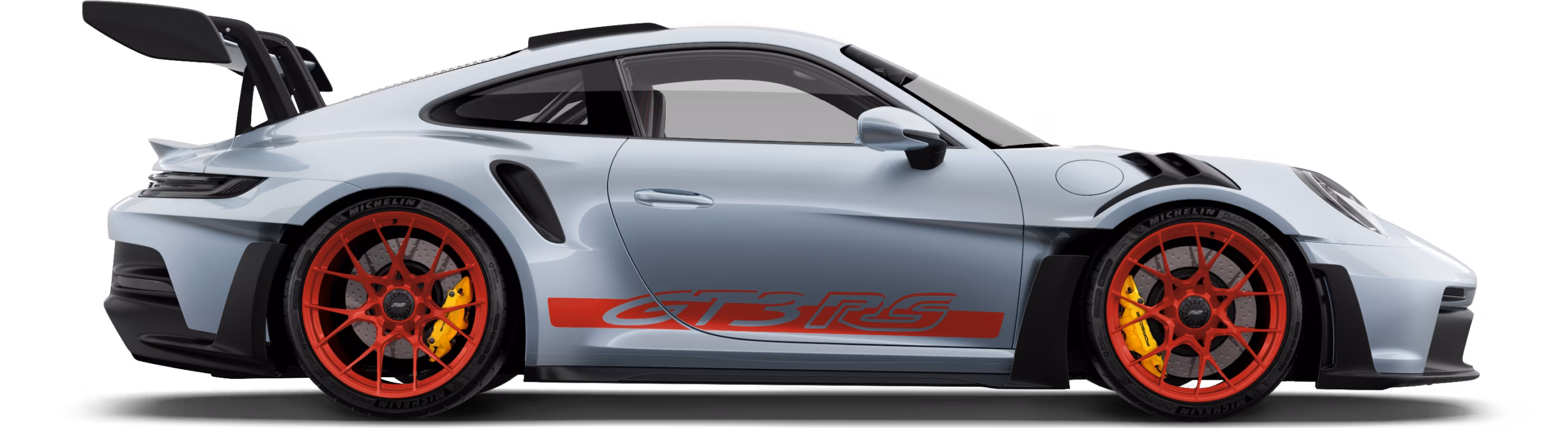 Side view/profile of the Porsche 911 GT3 RS in Ice Grey Metallic.