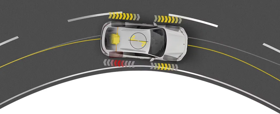 Graphique illustrant le système Porsche Torque Vectoring Plus : vue de dessus d’un Porsche Macan prenant un virage.