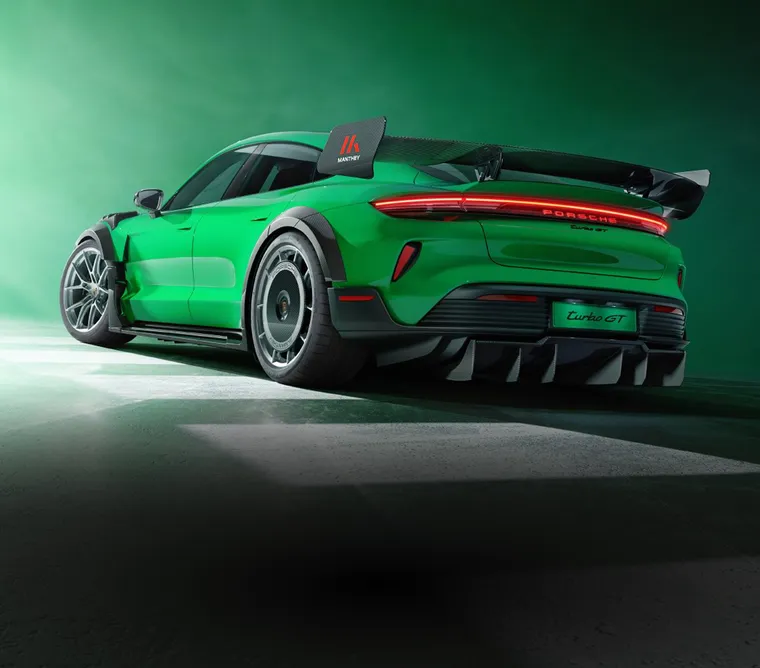 View of the rear of the Porsche Taycan Turbo GT with Weissach Package and Manthey Kit.