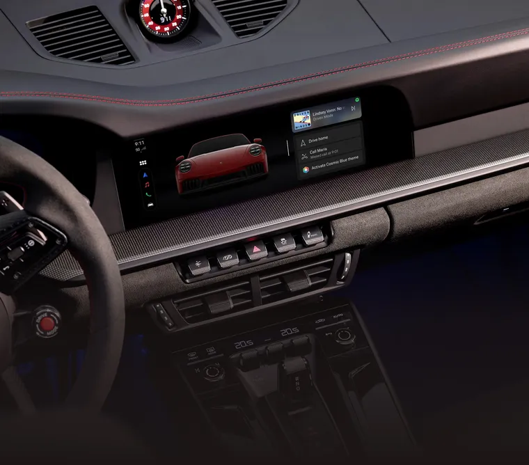 Interior of the Porsche 911 Targa 4 GTS. View of the instrument cluster or curved display.