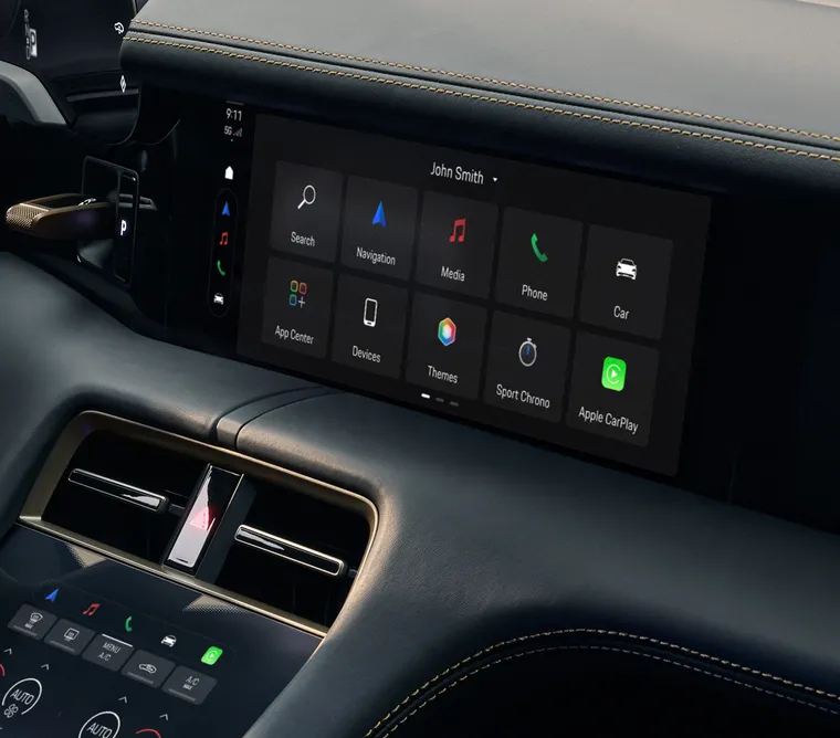 Porsche Taycan Turbo S interior. View into the cockpit.
