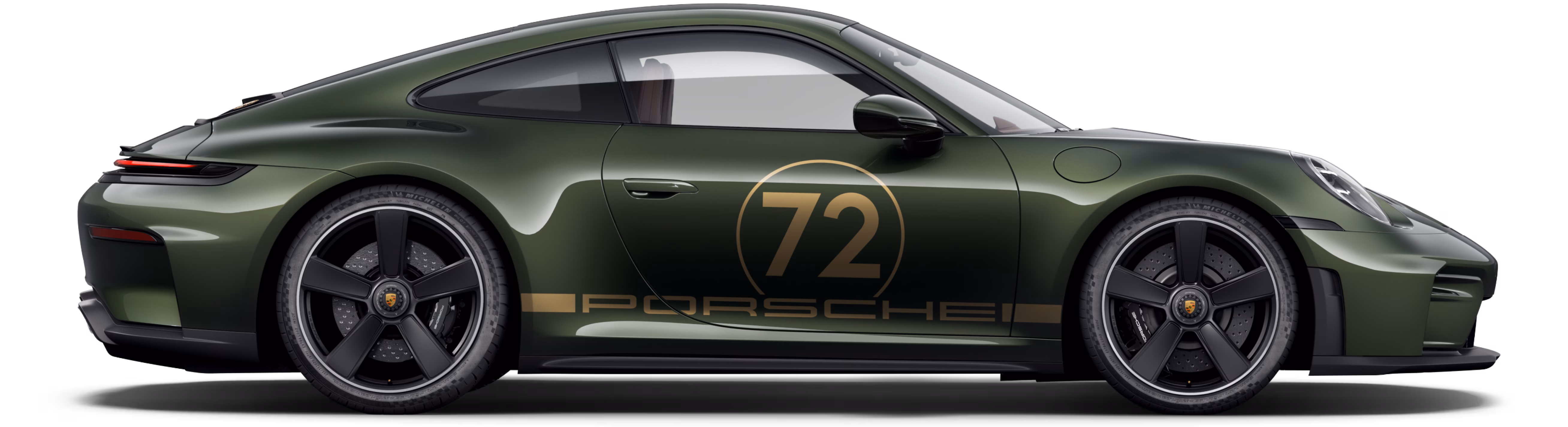Vue latérale de la 911 GT3 90 F. A. en F. A. Greenmetallic.