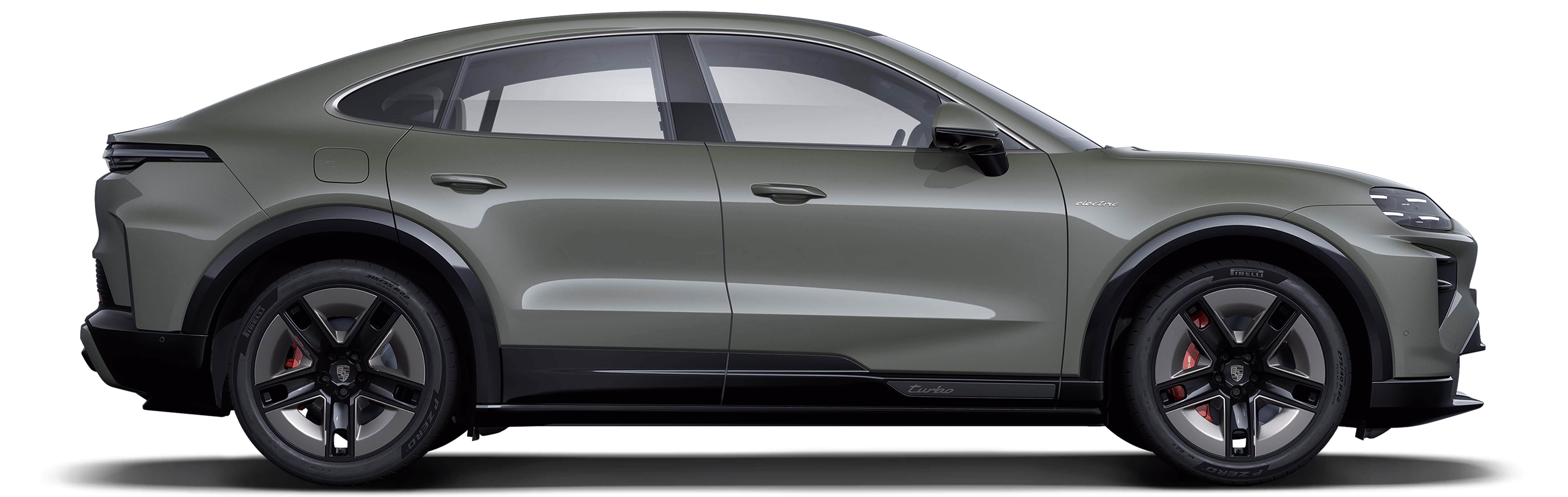 Seitenansicht des Porsche Cayenne Turbo Coupé in Monteverdemetallic.