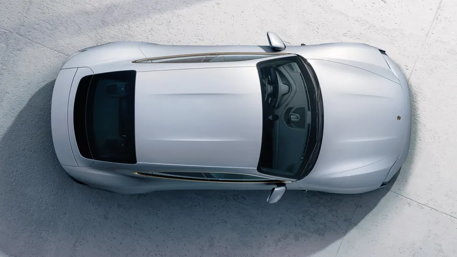 View from above / bird's eye view of Porsche Taycan Turbo S in Ice Grey Metallic.