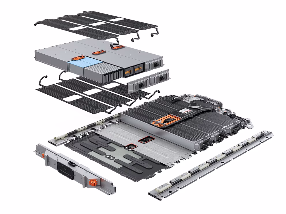 Technical exploded view shows the individual components of the Porsche high-voltage battery.