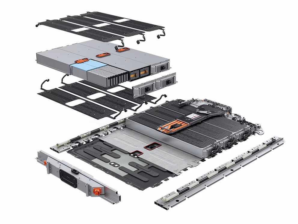 Technical exploded view shows the individual components of the Porsche high-voltage battery.