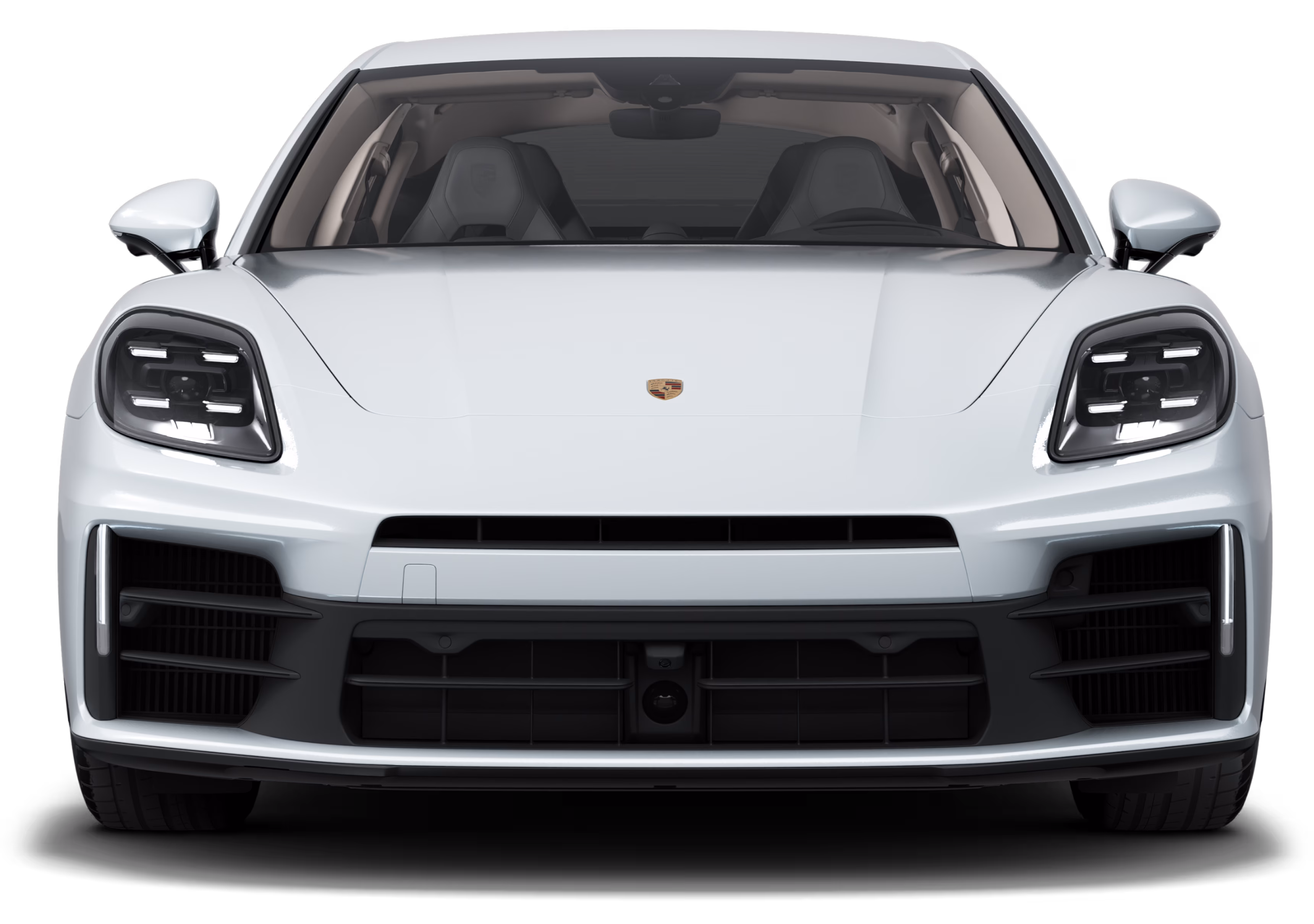 Front view of the Porsche Panamera 4 E-Hybrid in Carrara White Metallic.