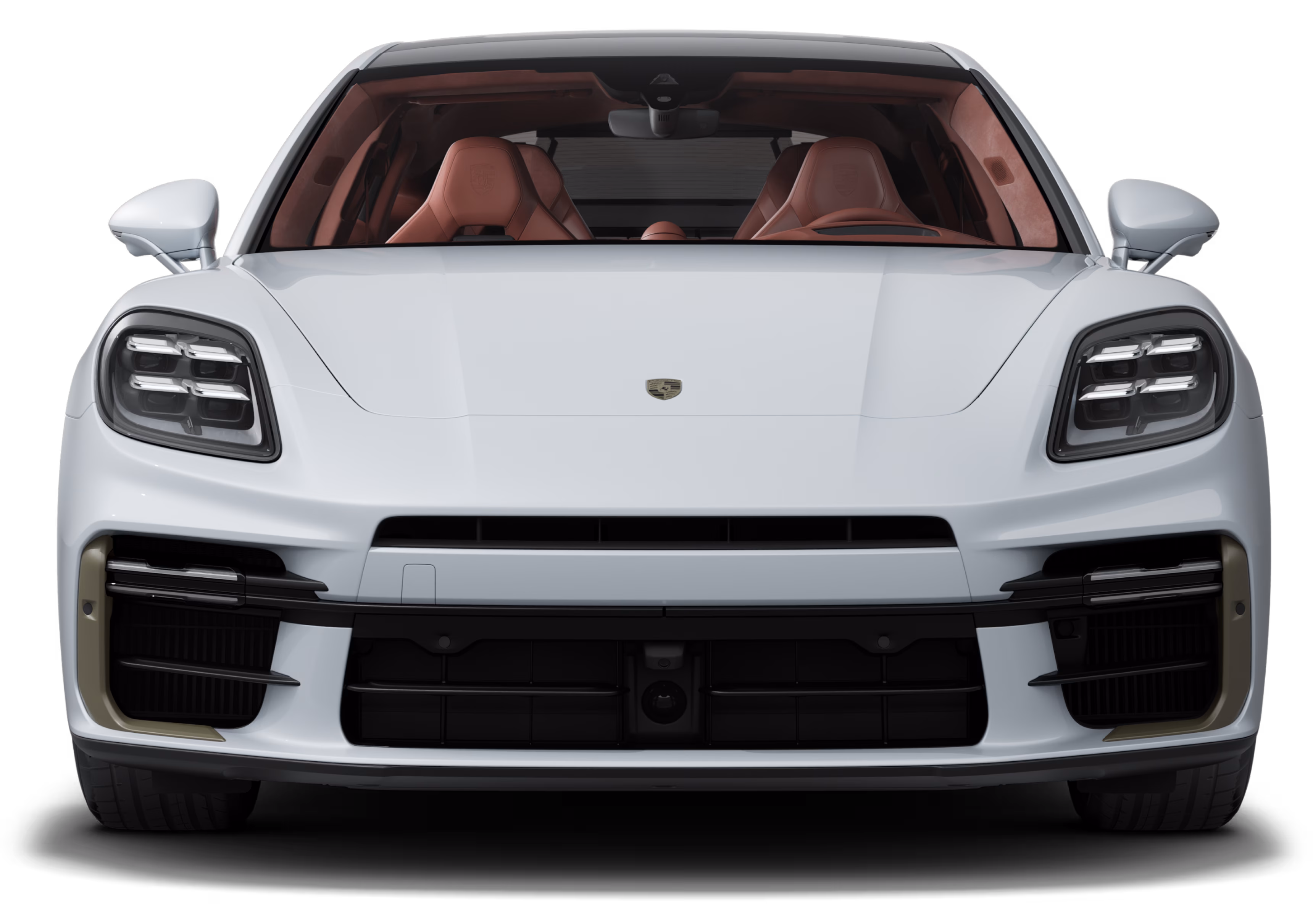 Front view of the Porsche Panamera Turbo S E-Hybrid in Ice Grey Metallic.