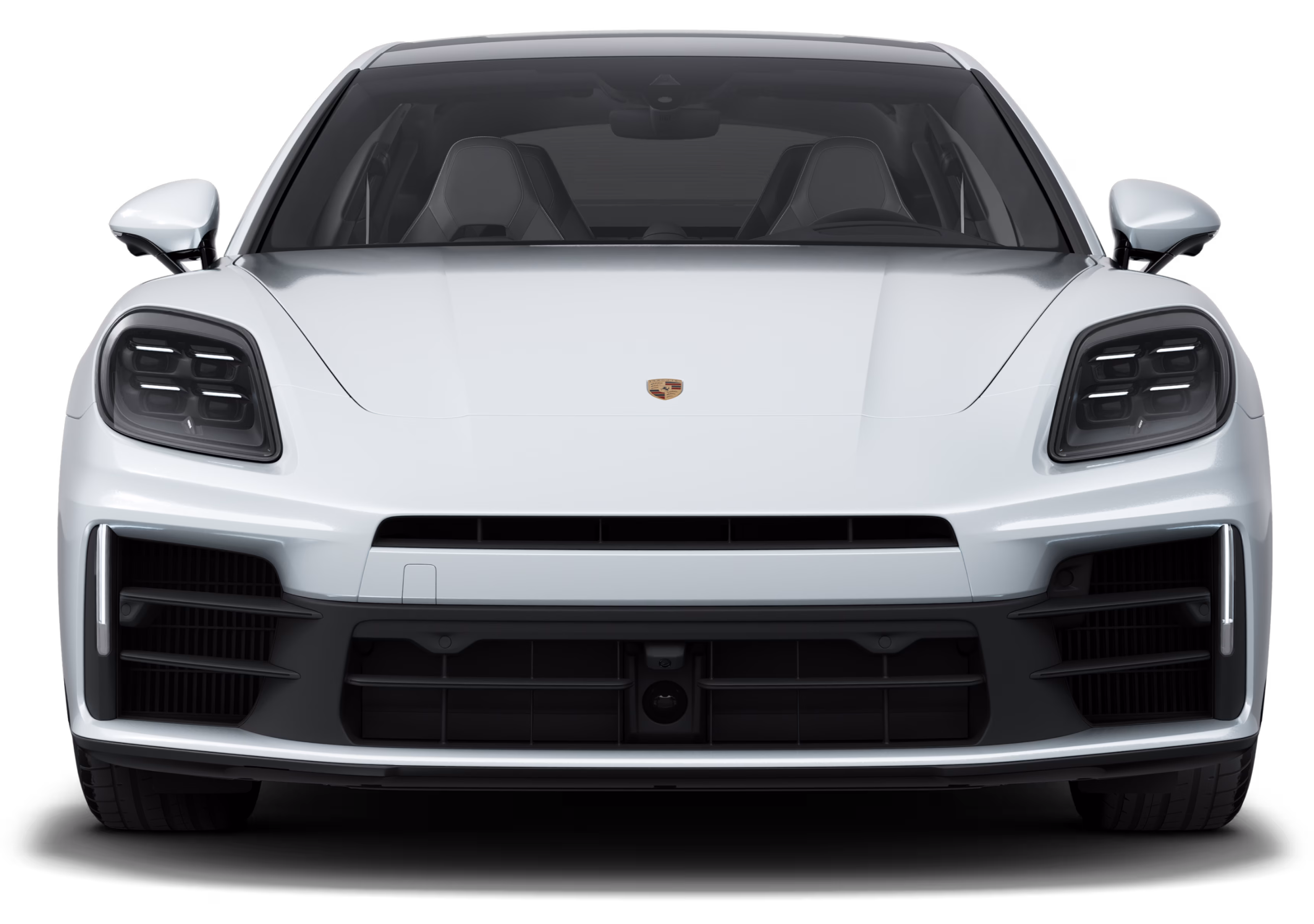 Front view of the Porsche Panamera 4S E-Hybrid in Carrara White Metallic.