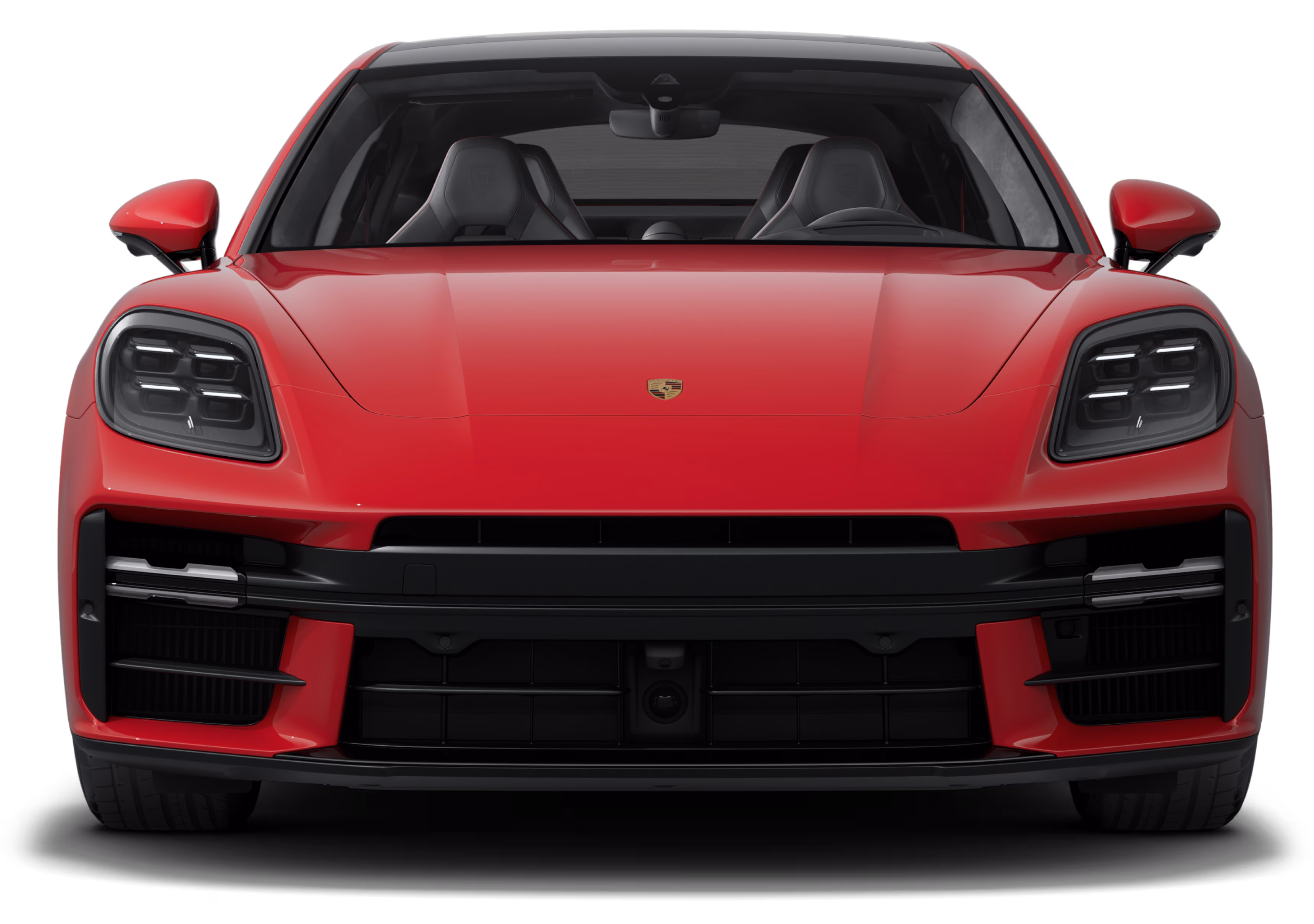 Front view of the Porsche Panamera GTS in Carmine Red.