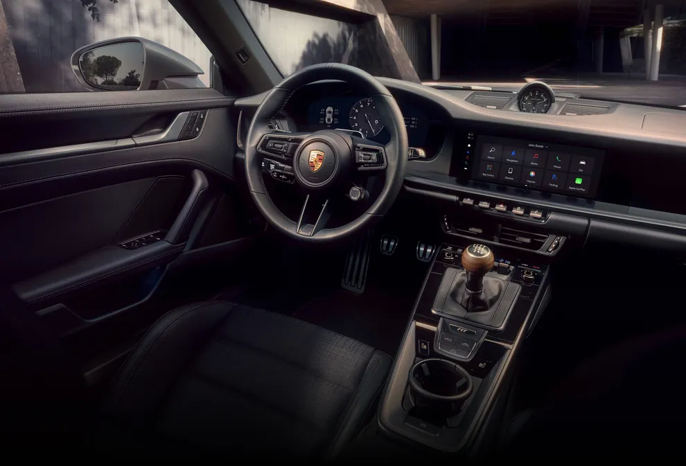 View of the cockpit of the Porsche 911 Carrera T Cabriolet with interior package.