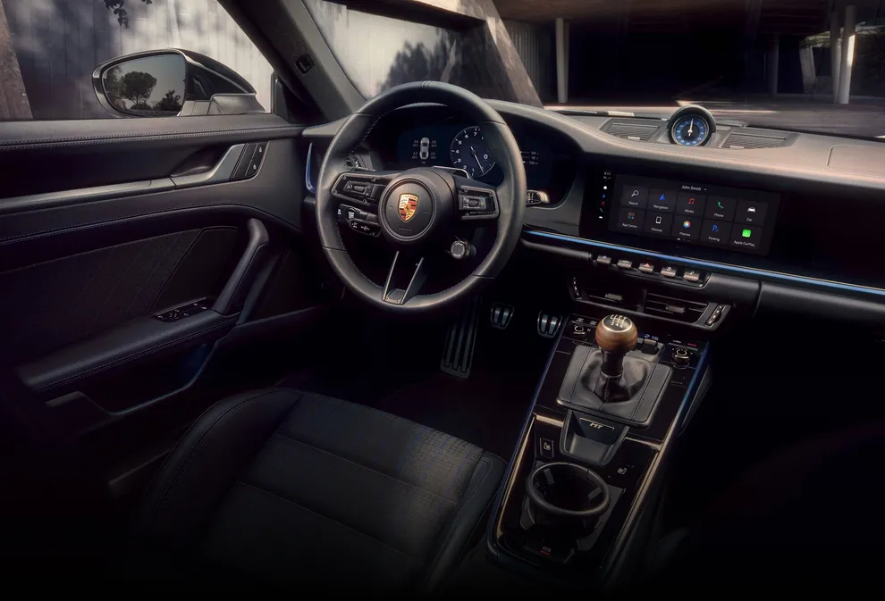 View of the cockpit of the Porsche 911 Carrera T with interior package.