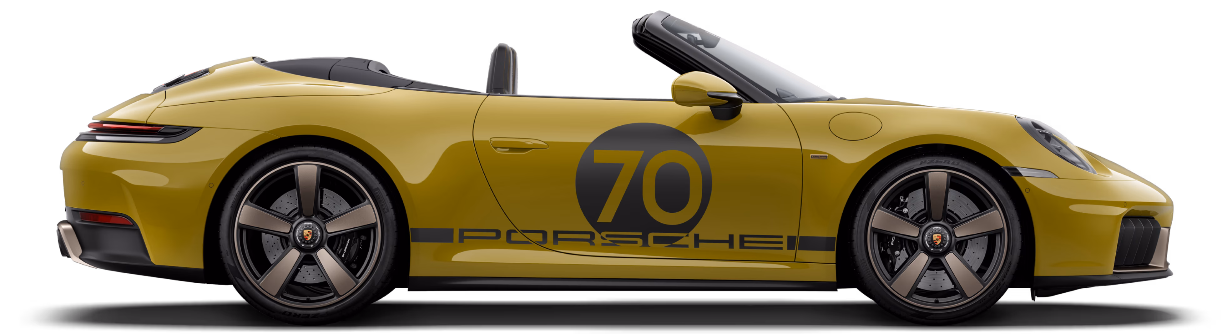 Widok Porsche 911 Spirit 70 w kolorze Olive Neo z boku/profilu.