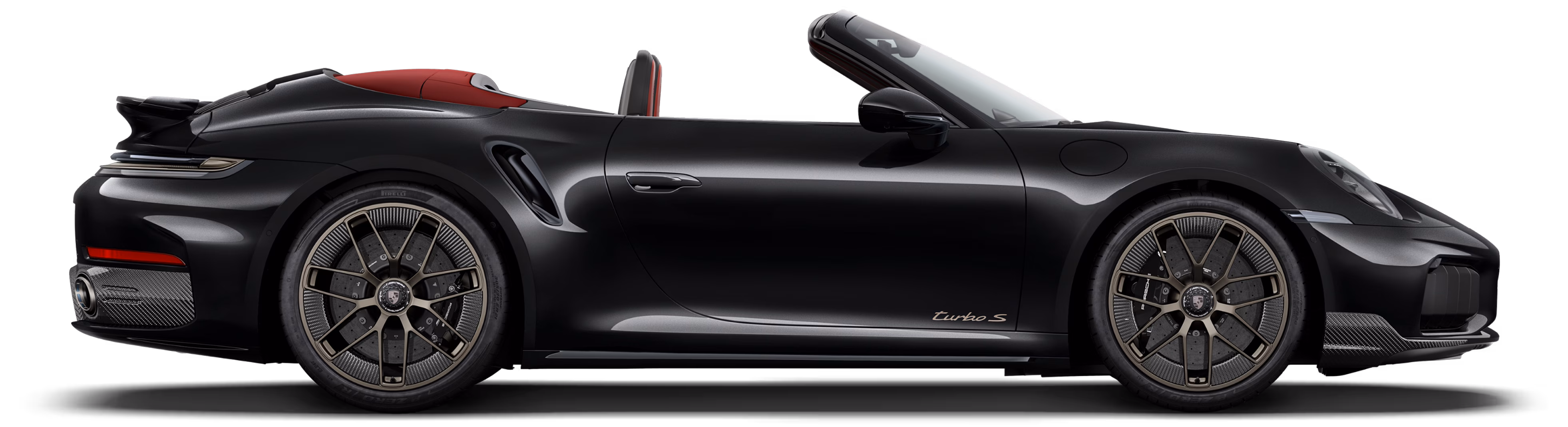 Seitenansicht bzw. Profil des Porsche 911 Turbo S Cabriolet in Tiefschwarzmetallic.