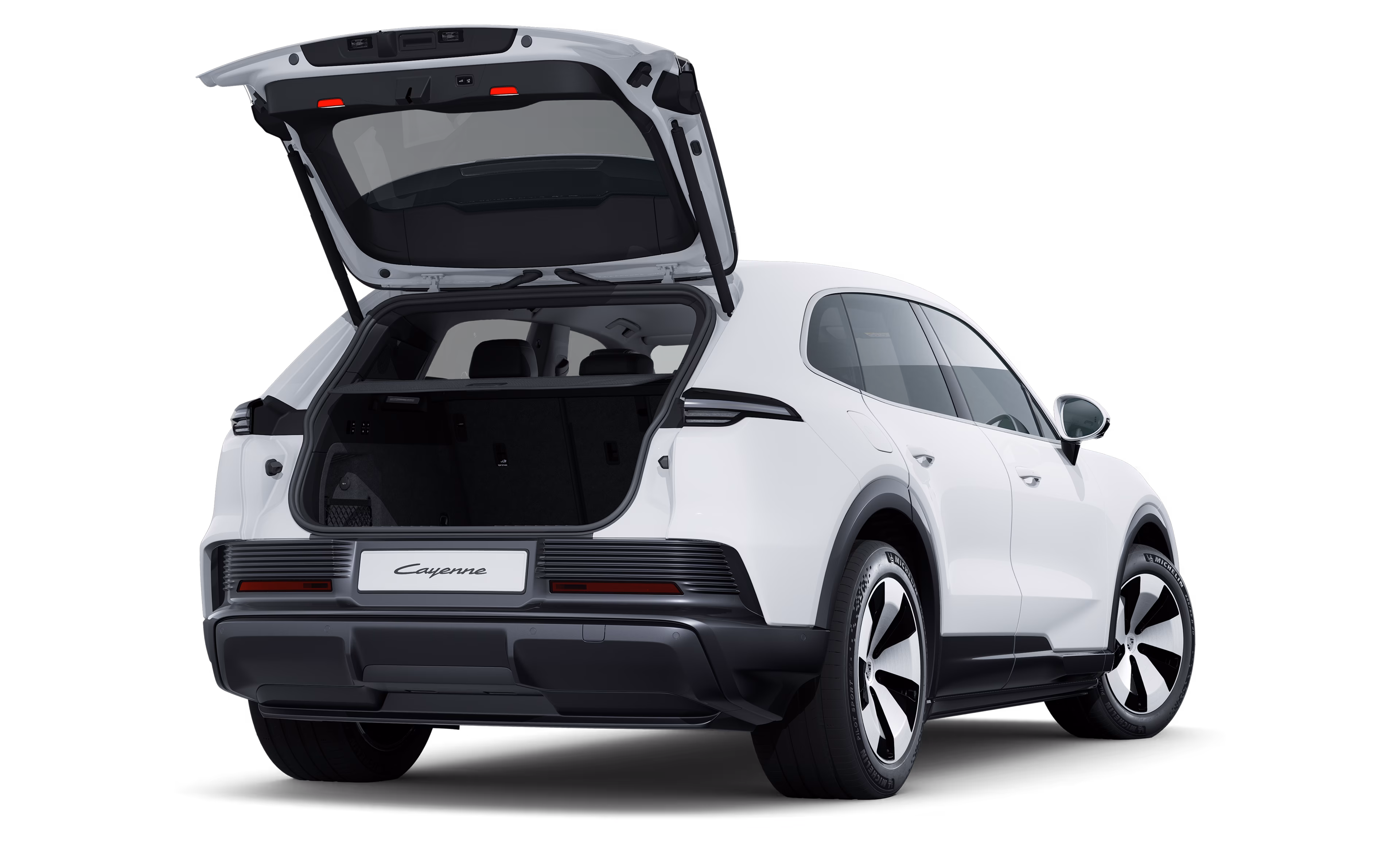Weißer Porsche Cayenne Electric von hinten