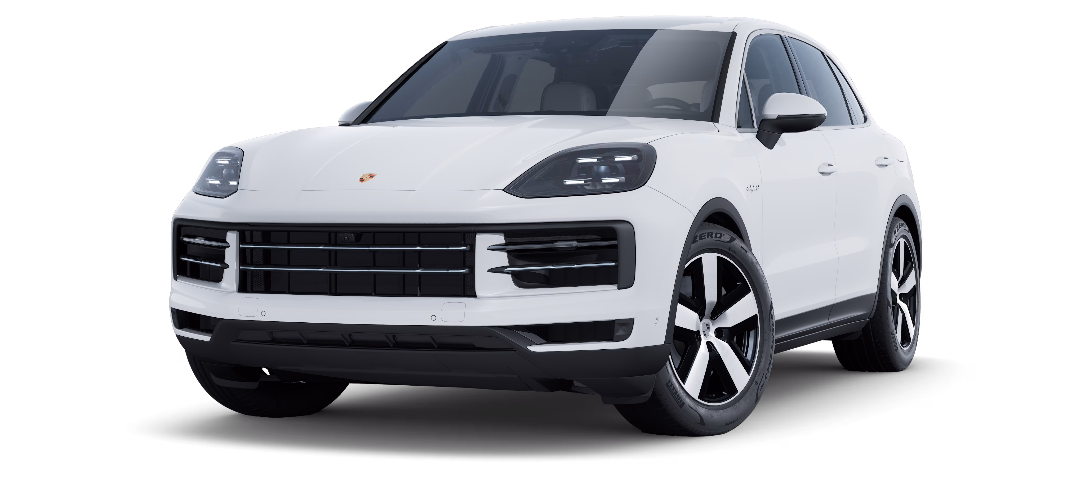 Weißer Porsche Cayenne E-Hybrid von vorne