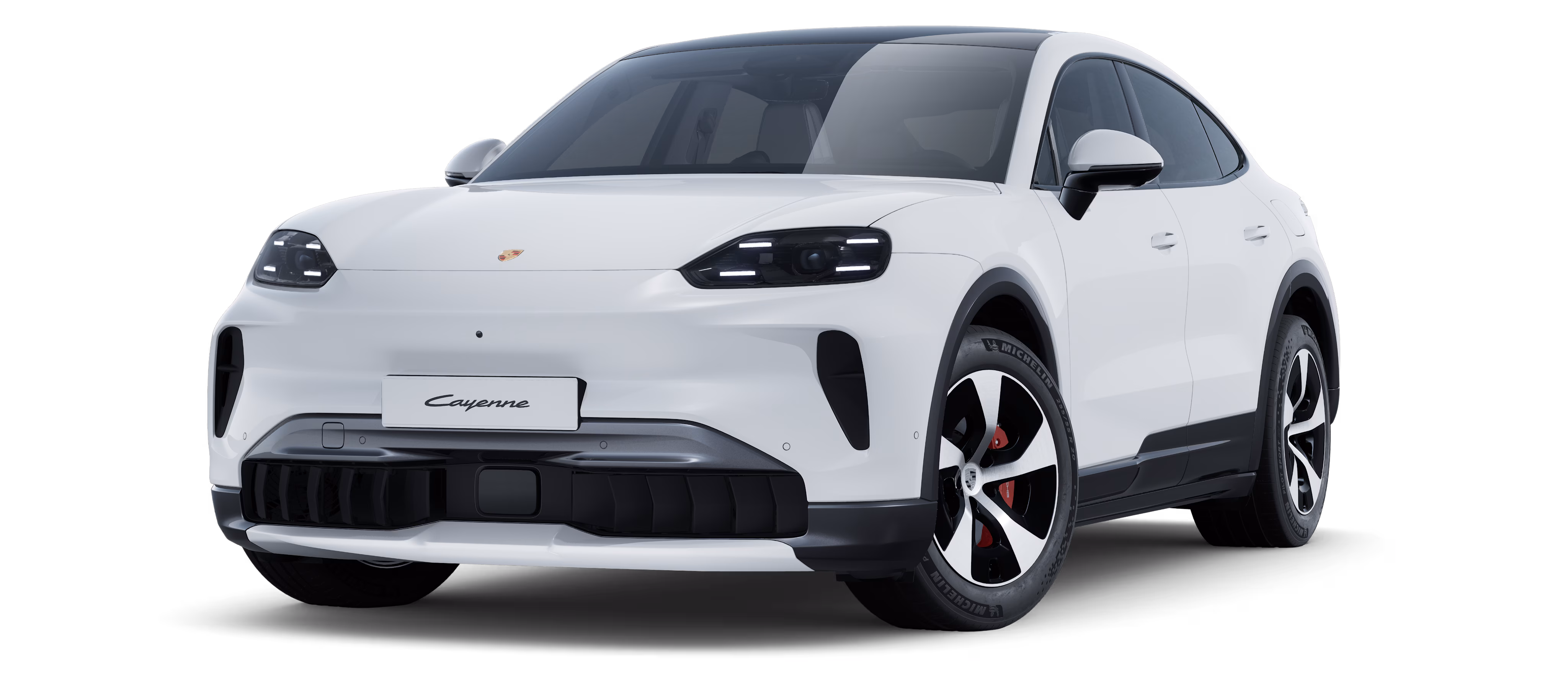 Weißes Porsche Cayenne S Coupé Electric von vorne