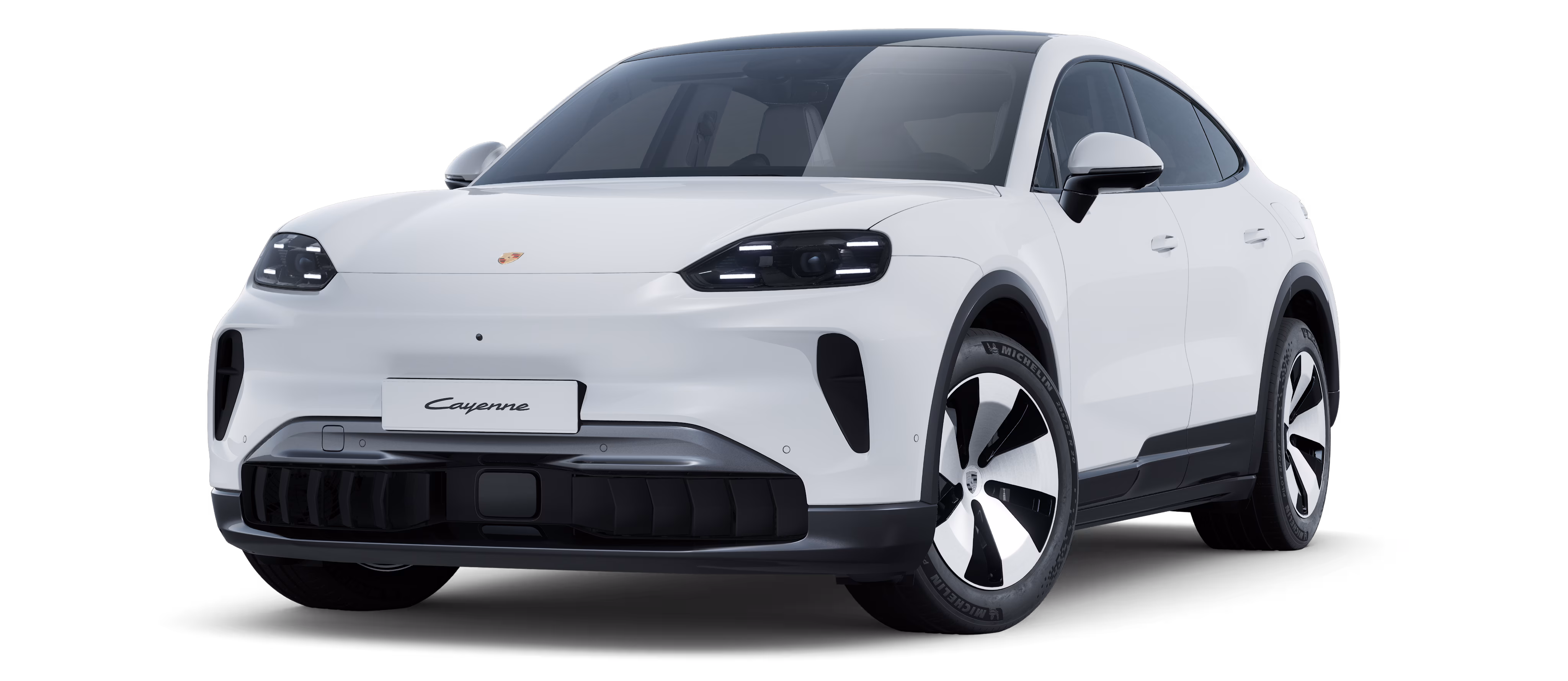 Weißes Porsche Cayenne Coupé Electric von vorne
